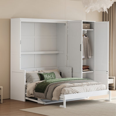 Grand lit escamotable mural avec placard, blanc