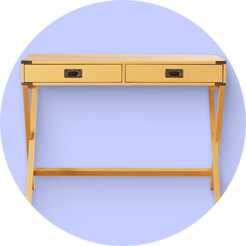 Un bureau bleu clair avec deux tiroirs et des pieds en forme de X, isolé sur un fond circulaire jaune.