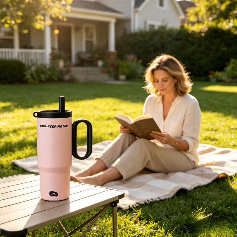 Tambour isotherme à paille isolée avec poignée rose 24 onces Advanced, grande tasse de voyage en acier inoxydable 18/8, convient aux boissons chaudes et froides