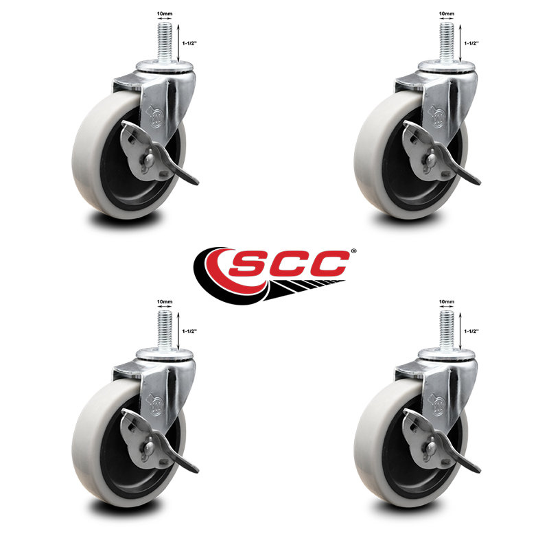 4 Inch Thermoplastic Wheel 10mm Threaded Stem Caster Set with Brakes Set of 4