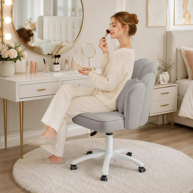 HDHNBA Petal Velvet Mid Back Swivel Vanity Desk Chair with Bow Cushion and Rolling Casters, Gray