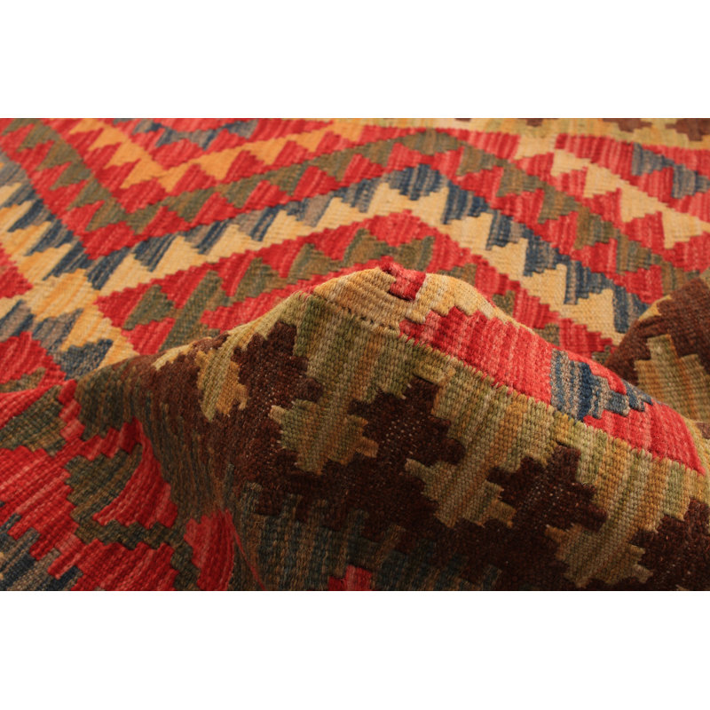 Tapis rouge/vert en laine 5 pi 4 po x 8 pi 2 po handwoven à tissage plat Kenna