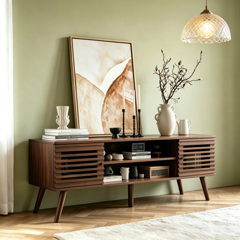 53" Mid Century Modern Tv Stand For 50/55/60 Inch Tv, Tv Media Console With Slatted Doors For Tvs Up To 60", Entertainment Center With Storage For Living Room, Bedroom, Walnut