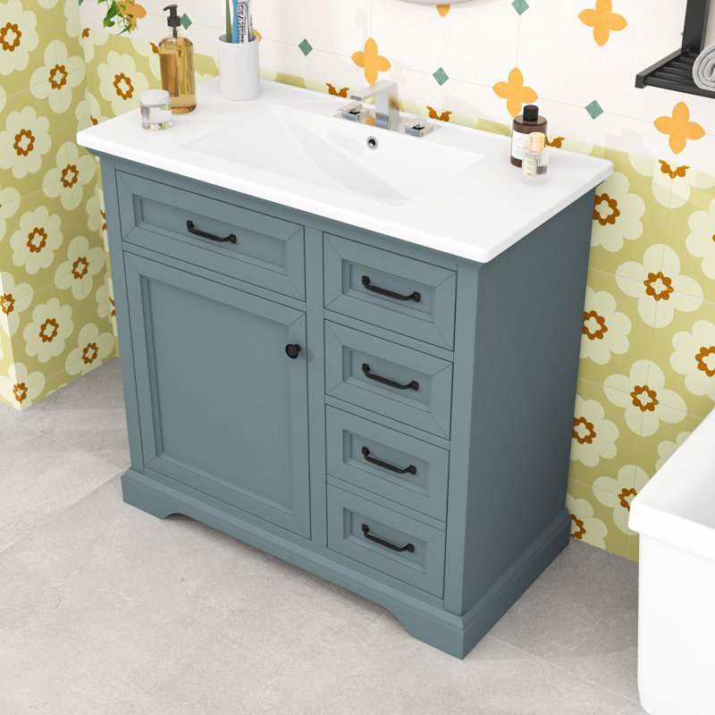 Meuble-lavabo de salle de bain avec lavabo en céramique, tablettes réglables, tiroirs de rangement et armoire, Bleu gris