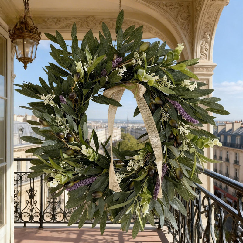 Couronne artificielle 50 cm lavande et olive, porte à suspendre pour la maison, le mur et la fenêtre
