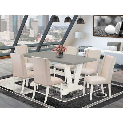 L'ensemble de table de salle à manger 7 pièces contient une table de salle à manger en ciment et 6 chaises rembourrées en lin crème avec dossier haut - Lin brossé blanc