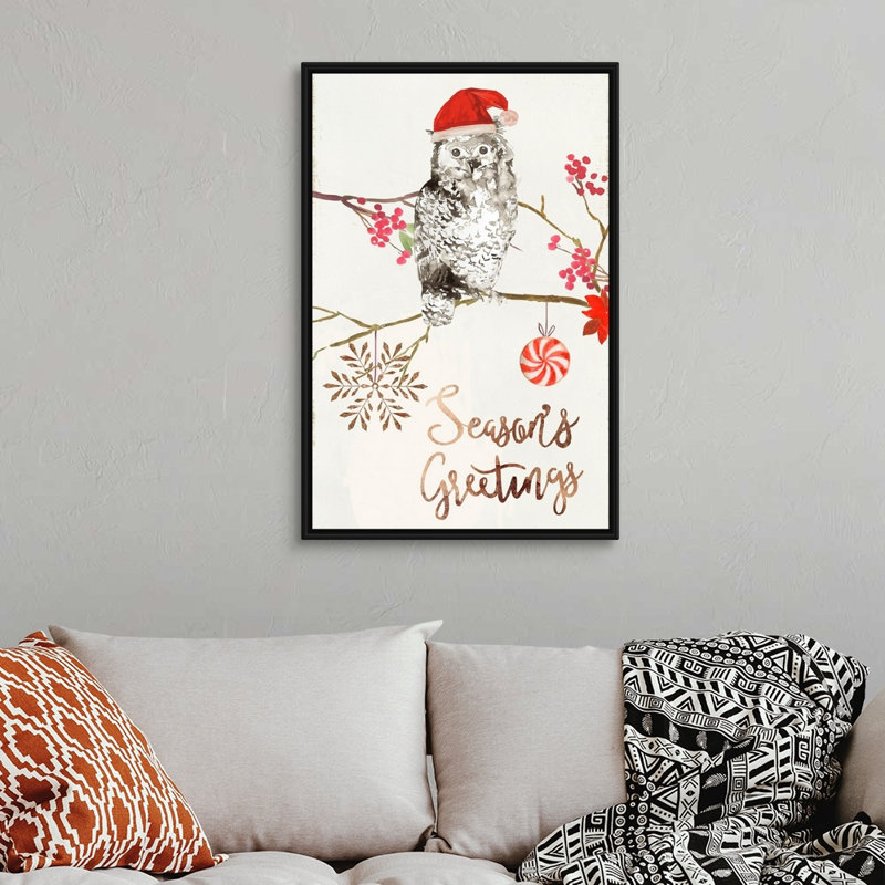 Christmas Owl II - reproduction d'art textuel sur toile, H 38 po x l 26 po x P 1,75 po, Cadre noir