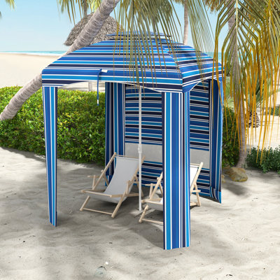 5.8' X Beach Umbrella With Double Canopy, Walls, Vents, Sandbags, Carry Bag, Blue Stripe, For A Pleasant Day Double-Top And Ruffled Enhances Outdoor Enjoyment At