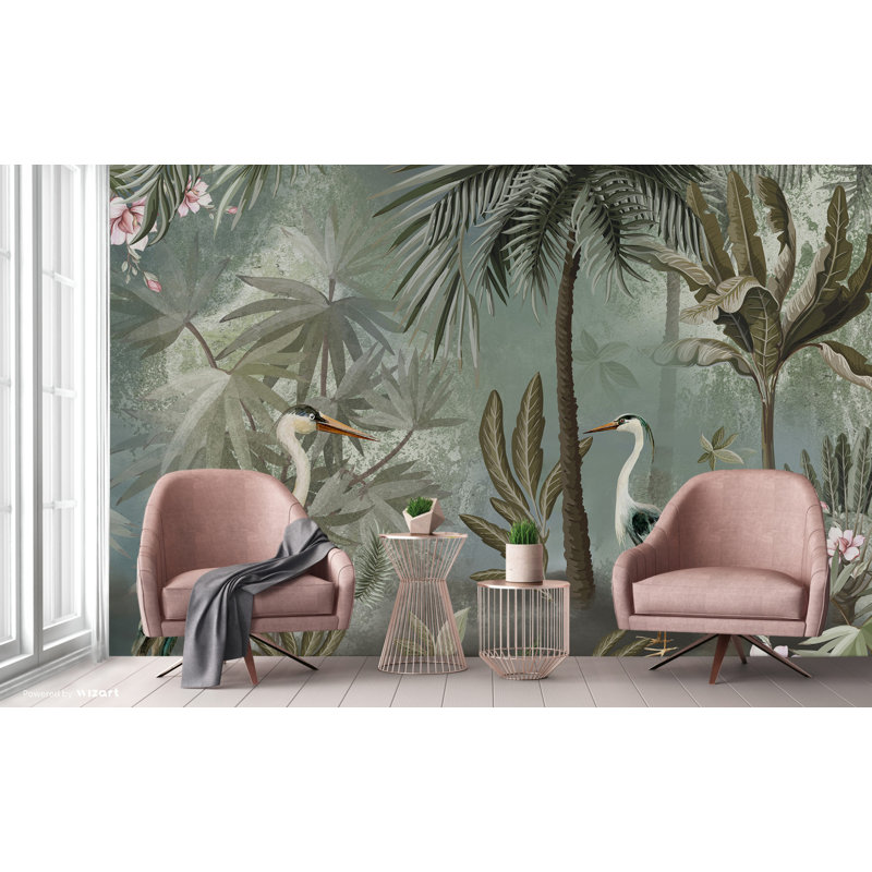 Papier peint Serene Tropical Oasis Herons And Palm Trees, L 117,96 po x l 131 po, Mauve