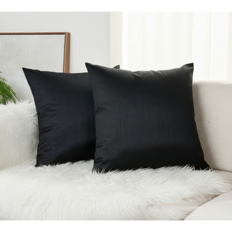 Taies d'oreiller carrées en fausse soie, 66 x 66 cm, noires (lot de 2), Noir