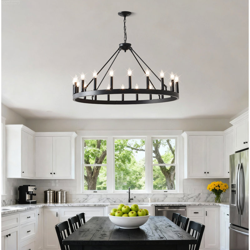 Lustre 20 lumières campagnard rond industriel ouvert avec plafond incliné noir mat, 20-Light