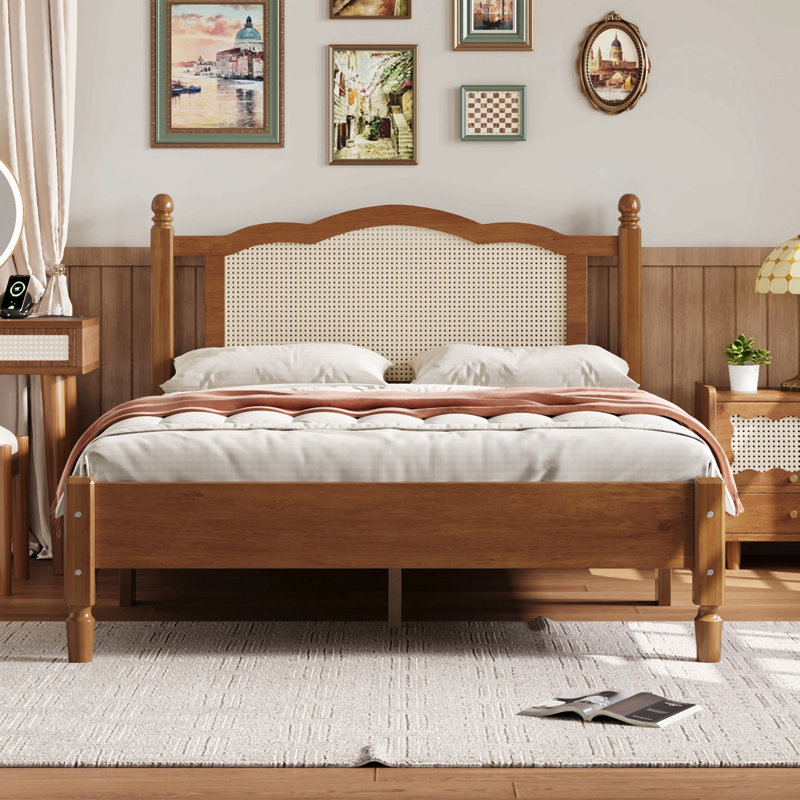 Lit plateforme en bois avec tête de lit en rotin naturel, cadre de lit rétro avec support en lattes de bois, Lit double