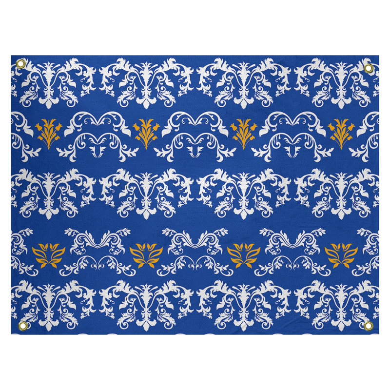 Tapisserie baroque en polyester Polyester, H 26 po x l 36 po, Bleu foncé / blanc / jaune