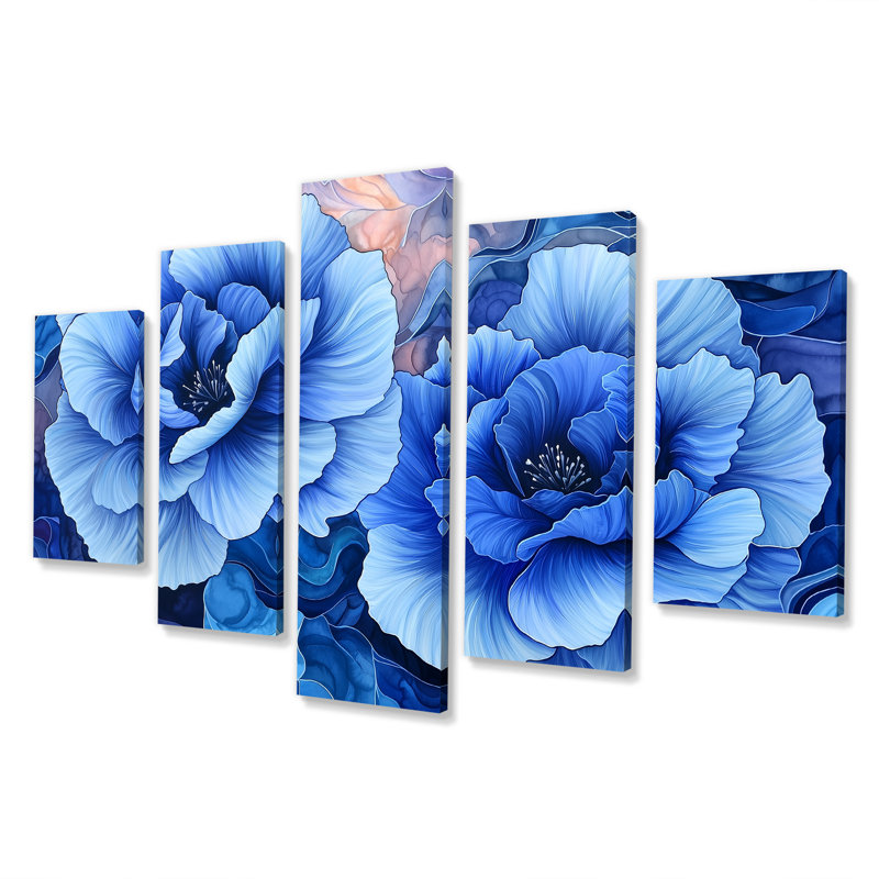 «Dancing Blue Symphony of Carnation I», art mural 5 panneaux