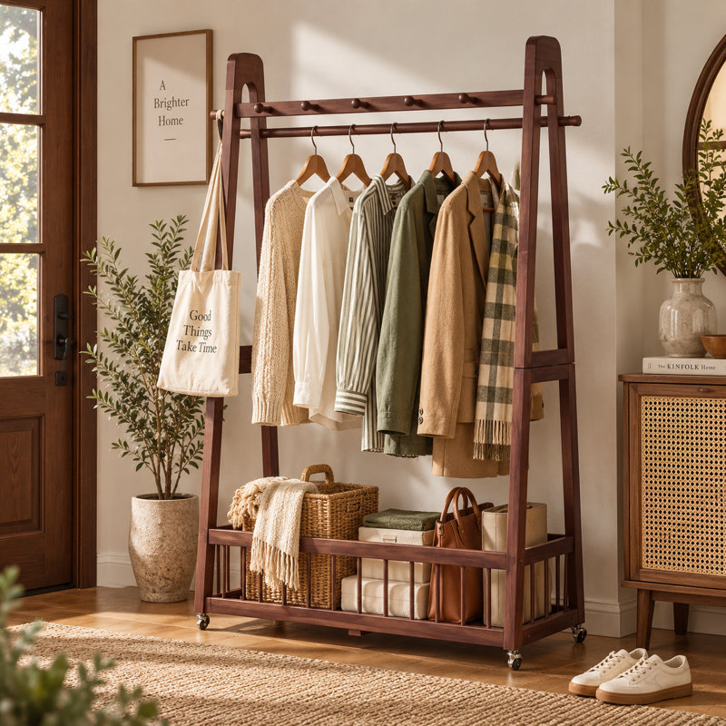 Solid Pine Wood Rolling Garment Rack with Locking Wheels Hooks and Bottom Storage, 39.37"W, Walnut