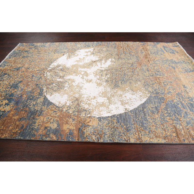 Tapis unique brun / bleu noué à la main 6 pi 1 po x 9 pi 6 po New Age