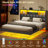 Upholstered Floating Bed Frame with Storage Bookcase Headboard Wood LED Metal Platform Bed with Charging Station-1578769249-1577251717