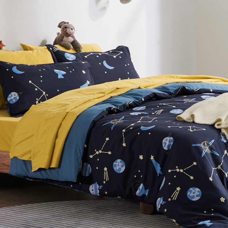 Kids Galaxy Reversible Duvet Cover Set, Twin Duvet Cover + 1 Standard Sham, Navy Blue/Yellow