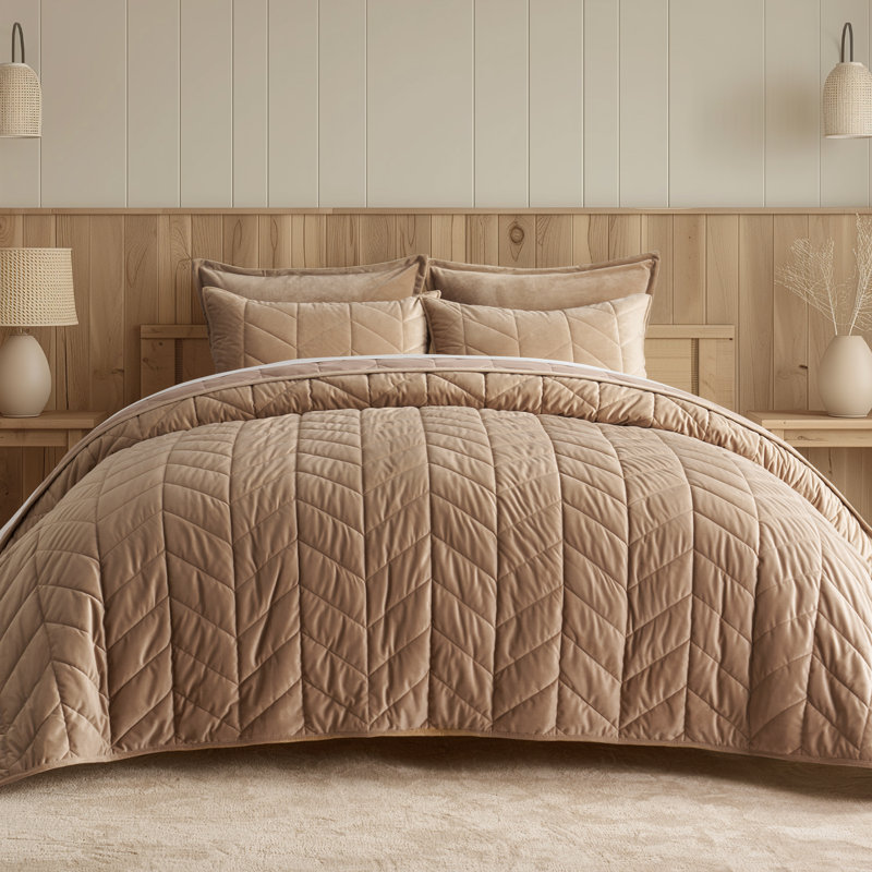 Ultra Soft Velvet Quilt Set, Queen Quilt + 2 Queen Shams, Khaki Tan