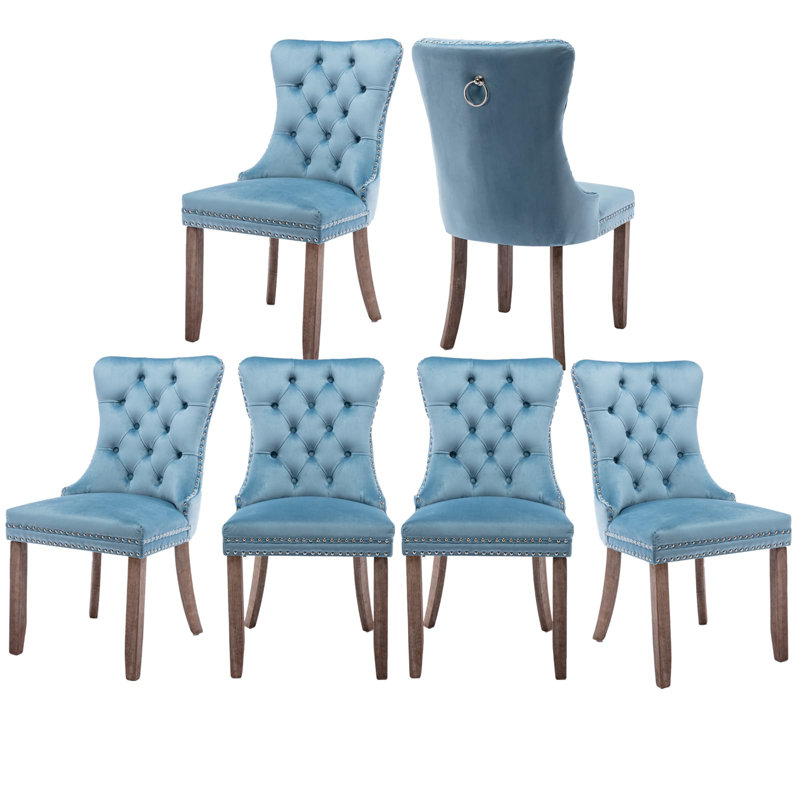 Light Blue Velvet Tufted Dining Chairs with Wood Legs, Set of 6