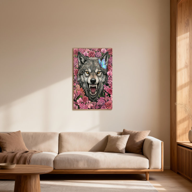 Animaux loup avec fleurs et papillon