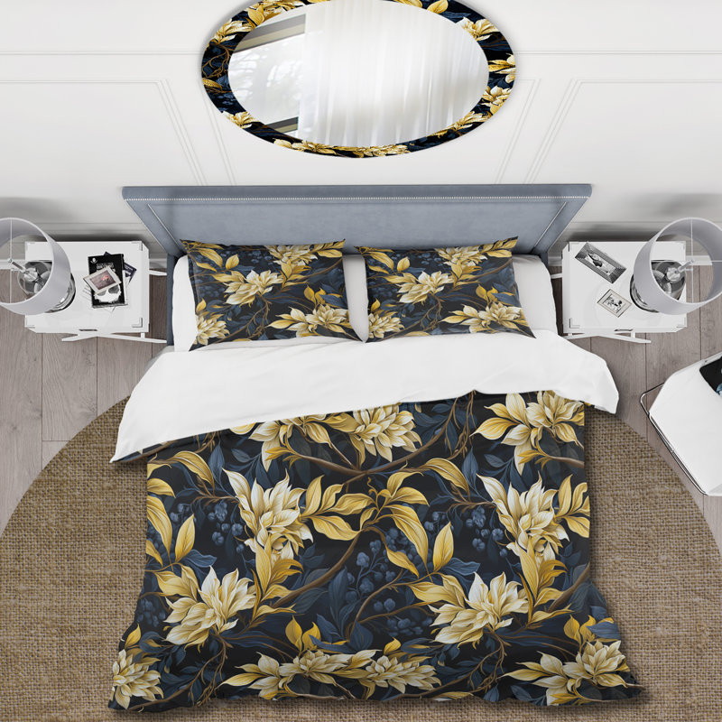 Yellow And Blue Tropical Plants Pattern II Polyester Floral Duvet Cover Set, King Duvet Cover + 2 King Shams