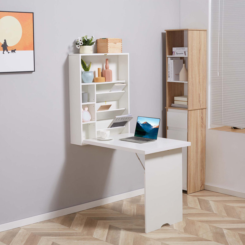 Wall Mounted Folding Desk Cabinet, 58.75" H x 37" W x 23.5" D, White