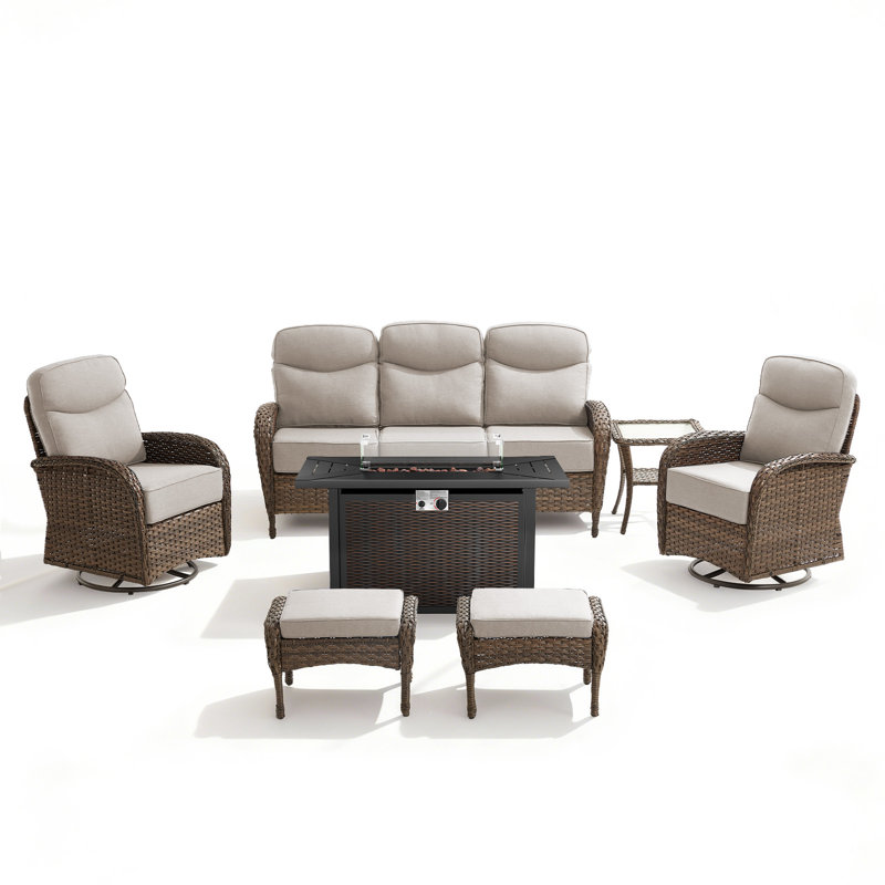 7 - Person Fire Pit Outdoor Wicker Conversation Furniture Set With 6" Cushions, 55,000 BTU Propane Table, Beige