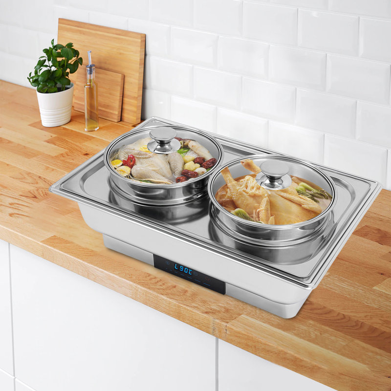 Chauffe-plat électrique autoportant en acier inoxydable à 2 casseroles