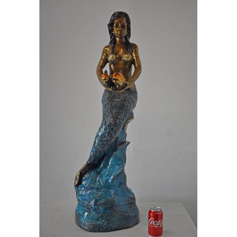 Nifao Collection Mermaid Holding Two Fish Bronze Statue Colour Finish - Size: 14" x 14" x 43"H.