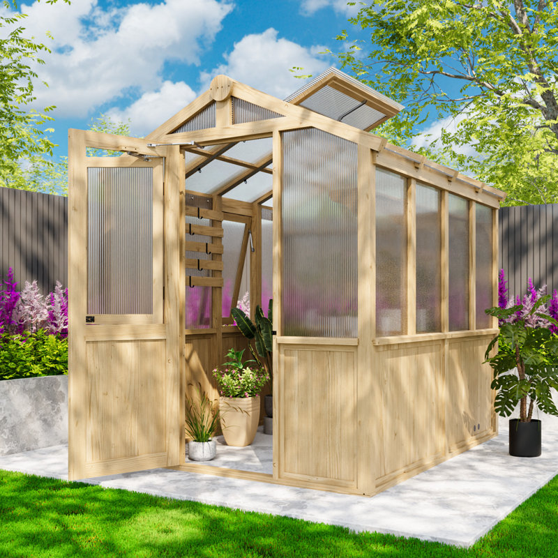 Natural Cedar and Polycarbonate Walk-In Greenhouse with Roof Vent