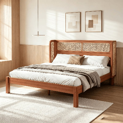 Bamboo Bed Frame, Bamboo Wood Platform Bed Frame with Curved Semi-Circular Rattan Woven Headboard and Wooden Slat Support, Low Profile Bed, No Box Spring Needed, Rattan Bed Frame for Bedroom Guest Room