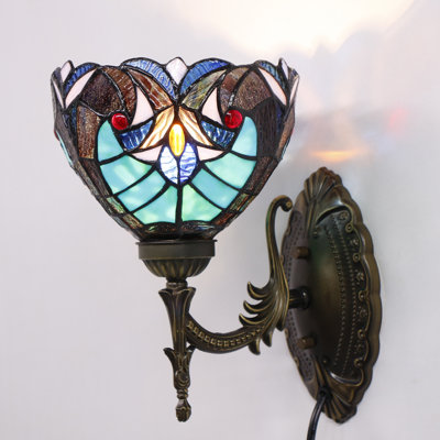 Tiffany Wall Sconce Lamp Green Liaison Style Stained Glass 8X10.5X11 Inch Plug in Wall Bedside Light for Hallway Bedroom