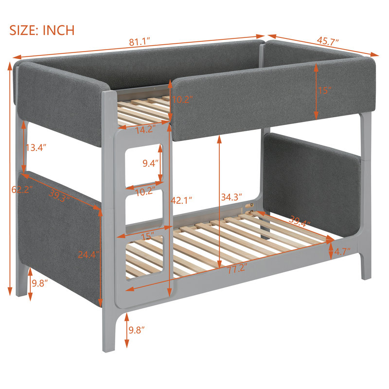 Lit superposé convertible en bois pour enfants (deux lits simples superposés) avec barrières de sécurité, tête et pied de lit entièrement recouverts de peluche sherpa.
