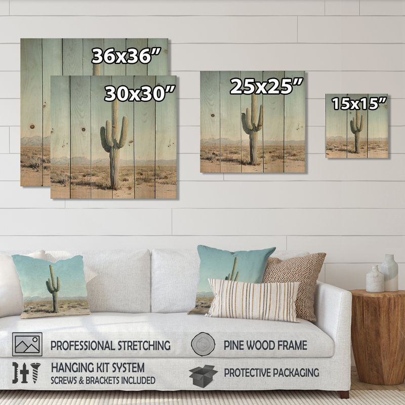 Saguaro Cactus And The Desert Sky I - Floral Cactus Wood Wall Art - On Natural Pine Wood, 36" H x 36" W x 0.78" D