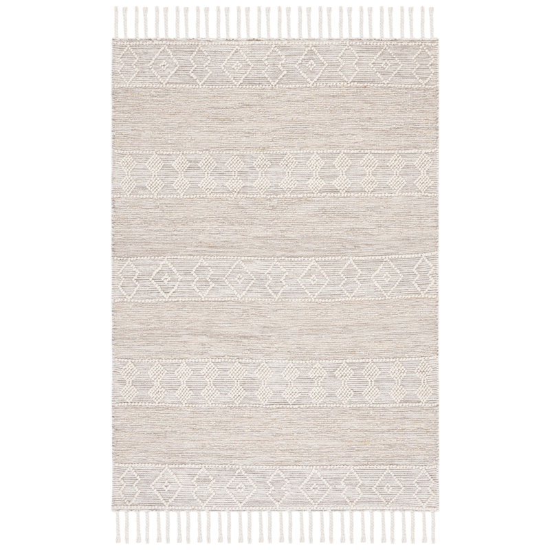 Tapis en laine / coton tissé à la main Angadveer de couleur ivoire / beige, Rectangle de 5 pi x 8 pi