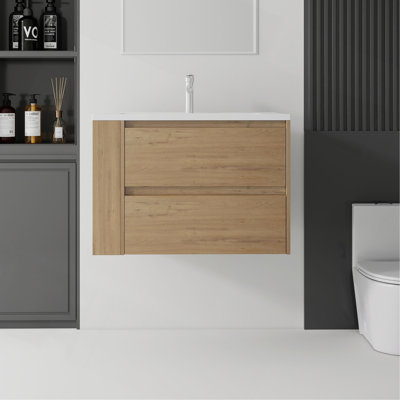 Meuble-lavabo suspendu de 76 cm avec lavabo, tiroir à fermeture douce, lavabo en céramique et contreplaqué.