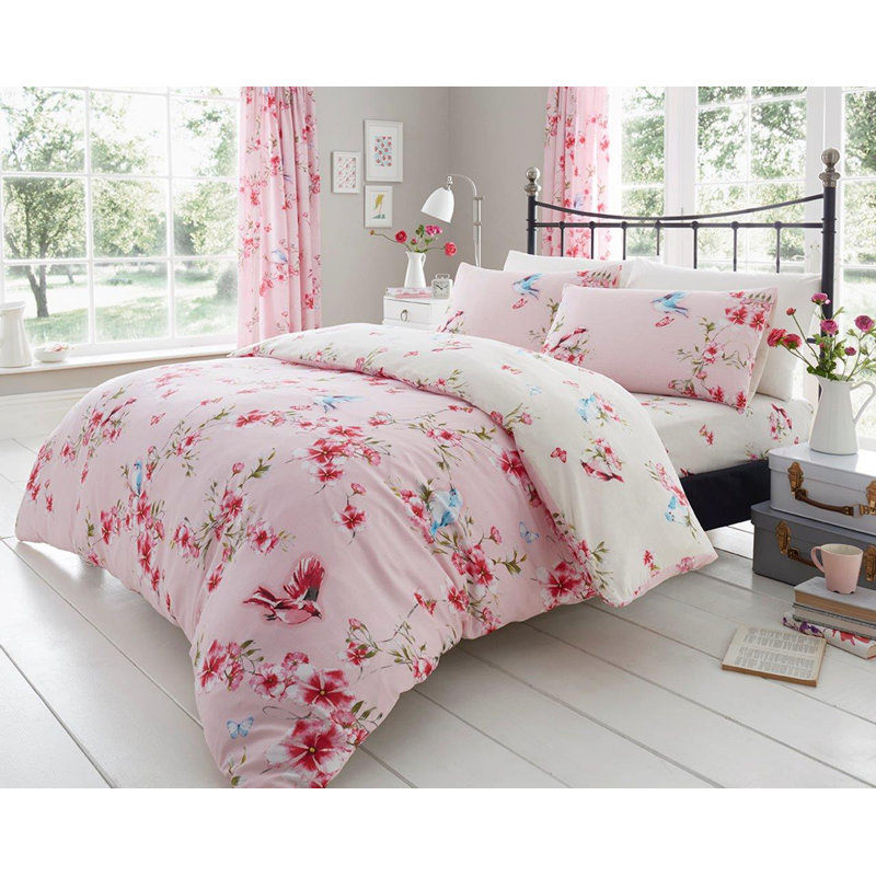 Birdie Blossom Duvet Cover and Pillowcases Set, Polycotton, Machine Washable, Soft Yarn Bedding, Pink, King