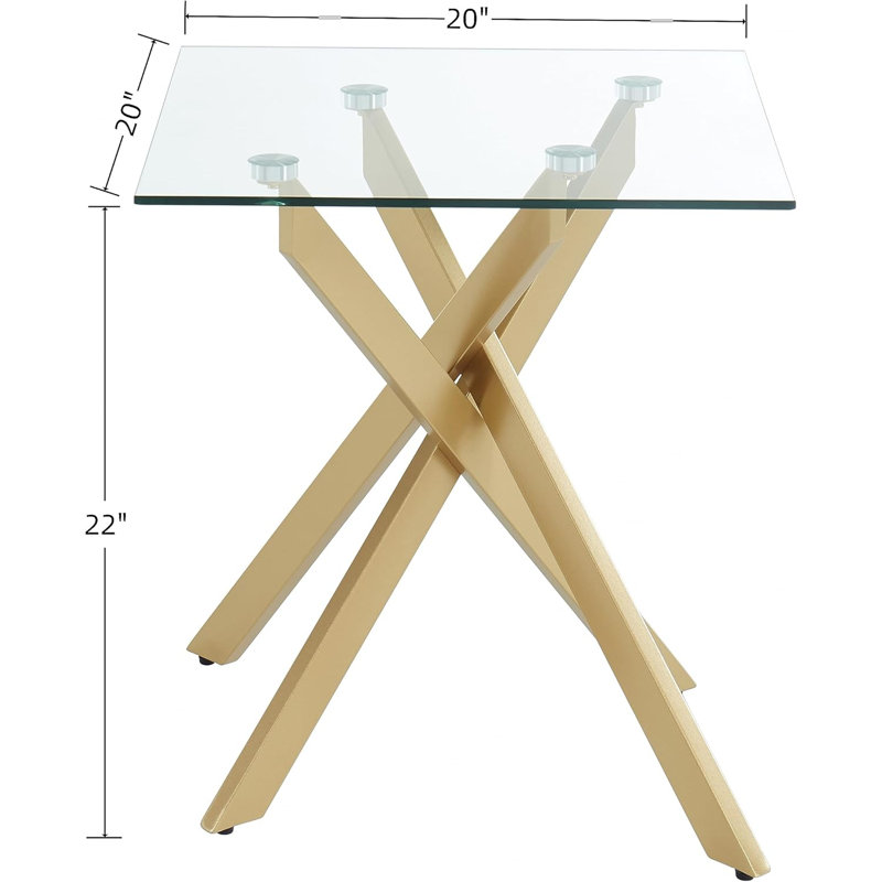 Gold Square Side Table with Glass Top and Metal Legs