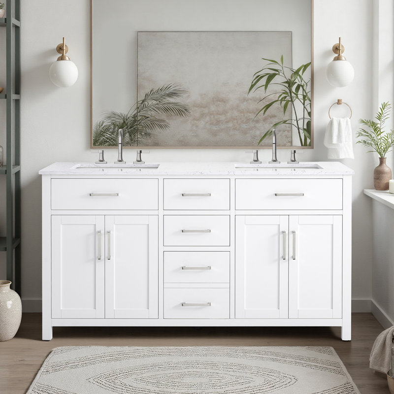 Tremolo 60" Double Bathroom Vanity With Engineered Marble Top, White 