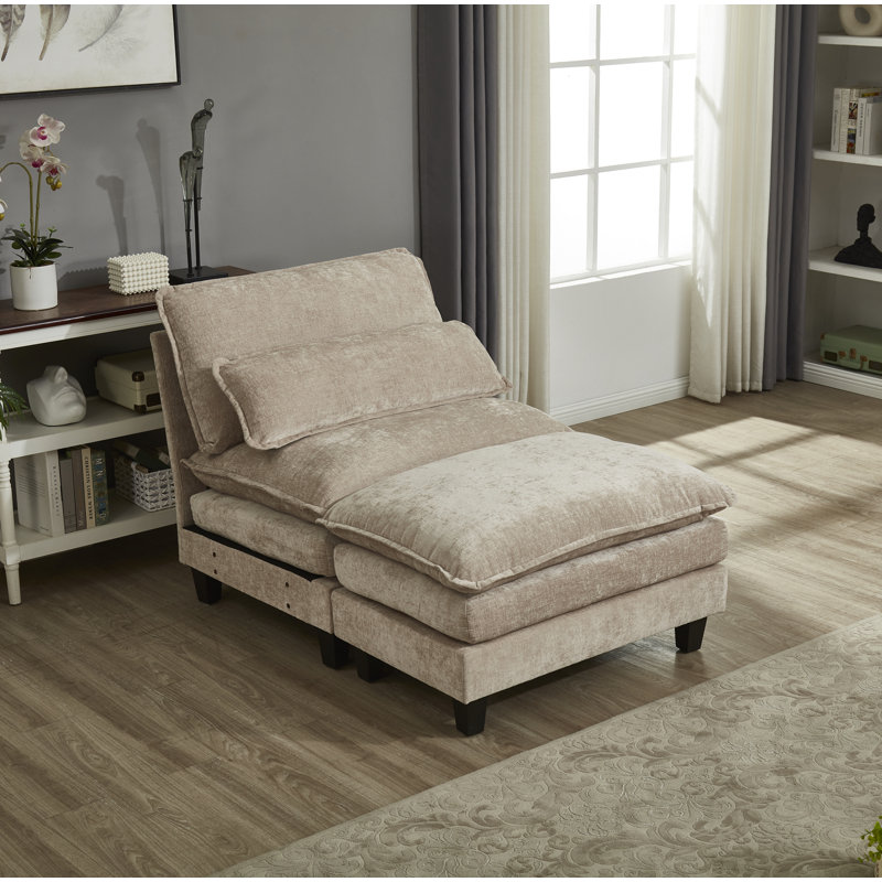 Fauteuil et repose-pieds Luqi, Chenille clair chameau