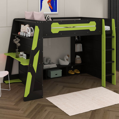 Full Size Gaming Loft Bed, Gaming Bed Frame With RGB Light, Charging Station, Desk And Multiple Storage Shelves, Kids Adults Bedroom Furniture