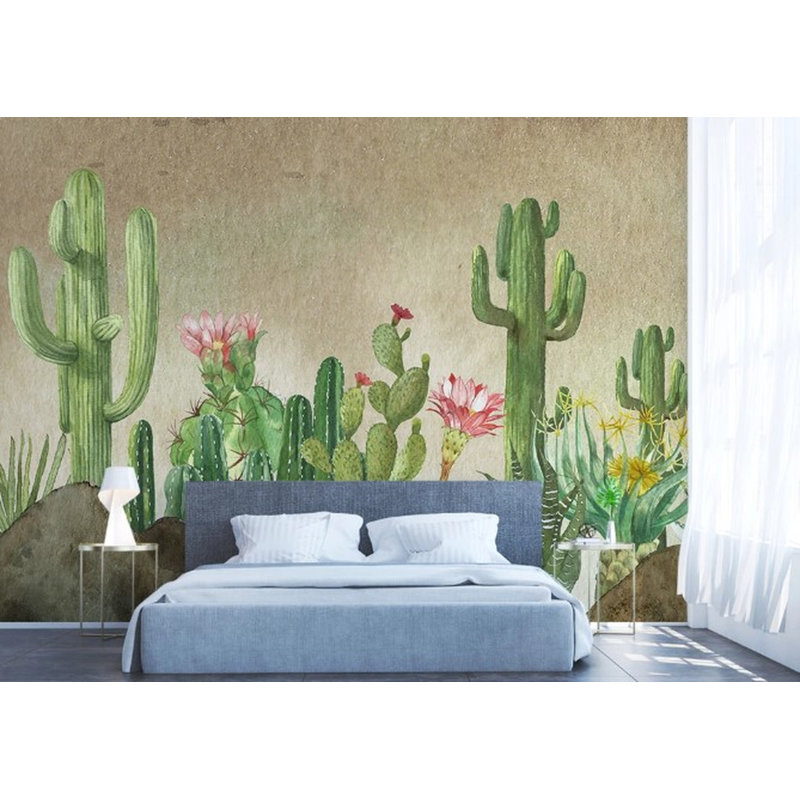 Papier peint amovible fleurs roses, fond de plantes vertes, cactus du désert, L 9 po x l 15 po