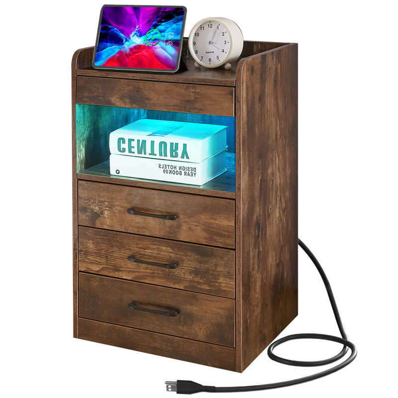 Table de chevet avec station de charge et lumières DEL, table de bout avec 3 tiroirs et tablettes de rangement, table de chevet avec ports USB et prises de courant pour chambre à coucher