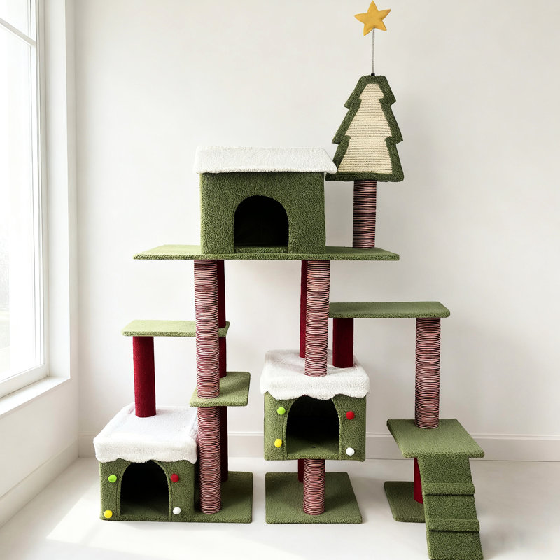 Très grande tour de chat de Noël pour félins d'intérieur, avec plateformes enneigées et tour de cabines fermées confortables, 70 pouces et plus, points décoratifs à plusieurs niveaux