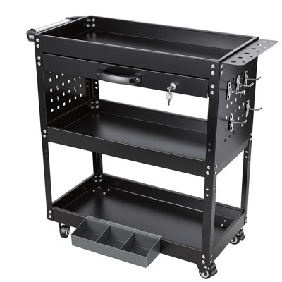 3 Tier Rolling Tool Cart On Wheels, 300 Lbs Tool Cart With Drawers，Heavy Duty Utility Cart With Pegboard And Hooks，Mechanic Tool Storage Cart For Garage, Warehouse