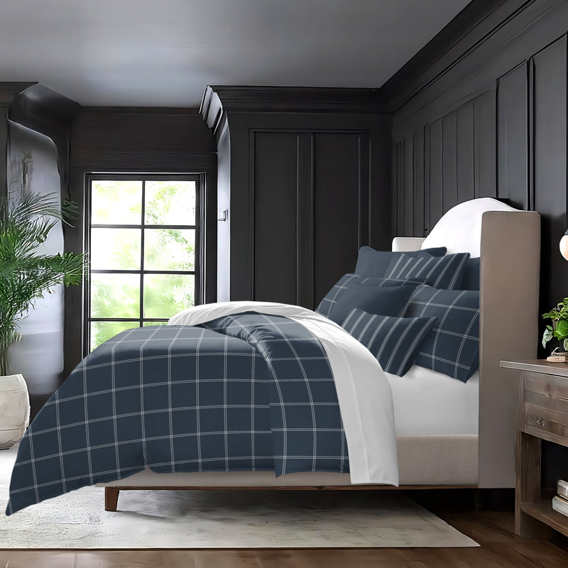 Shay Window Pane Dark Denim Cotton Duvet Cover Set  8 Piece, Super Queen Duvet Cover + 7 Additional Pieces