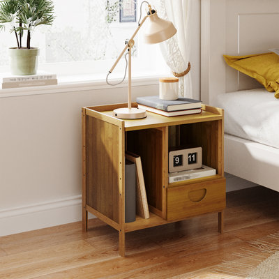 Bamboo Nightstand with Drawer, Open Side Compartment