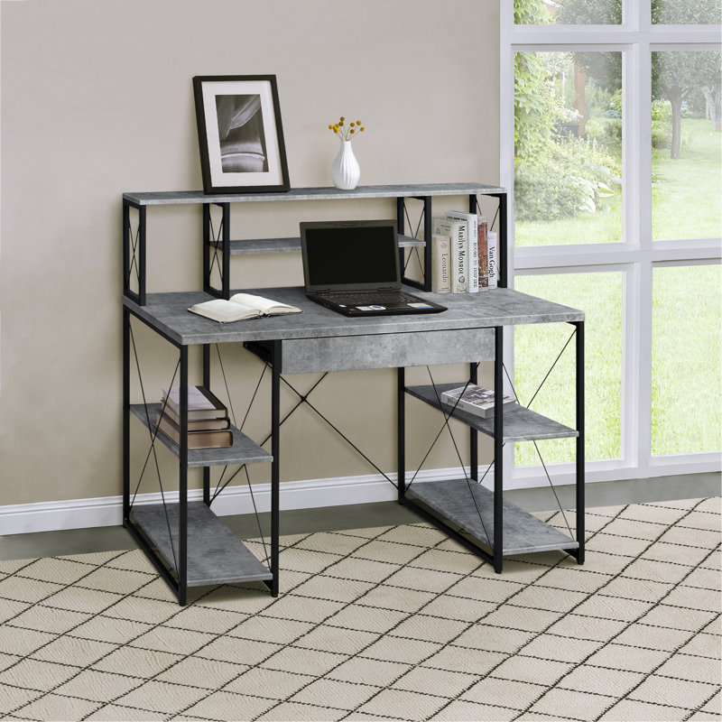 Bureau avec tablettes ouvertes et huche, Gris