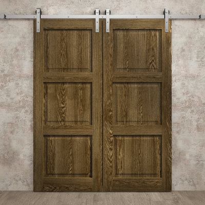 Porte de grange double moderne 36 x 80 pouces Ego 5010 Chêne marbré, rail argenté de 13 pieds, portes intérieures à panneaux pleins